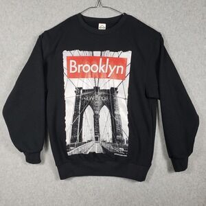 City Thredz Brooklyn Bridge Graphic Crewneck Sweatshirt Black USA Made Large